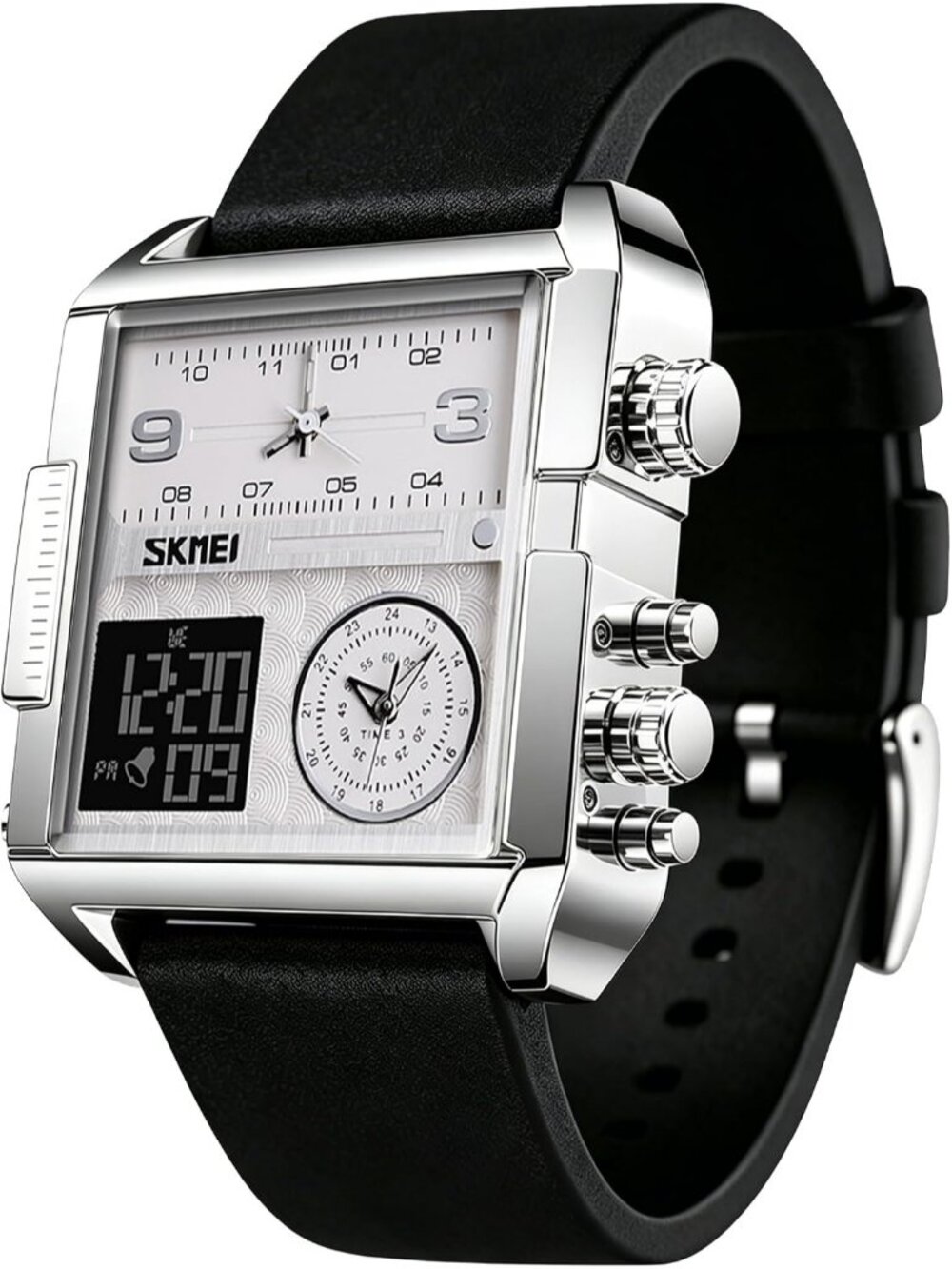 Men's Silver Black Light LED Square Large Face Analog Quartz Digital Watch